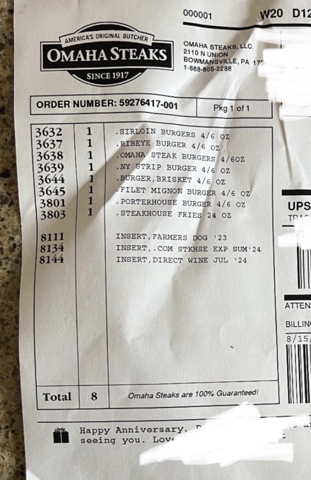 paper - 000001 W20 D12 America'S Original Butcher Omaha Steaks Since 1917 Order Number 59276417001 Omaha Steaks, Llc. 2110 N Union Bowmansville, Pa 175 18888052288 Pkg 1 of 1 .Sirloin Burgers 46 Oz . Ribeye Burger 46 Oz . Omaha Steak Burgers 46OZ .Ny Stri