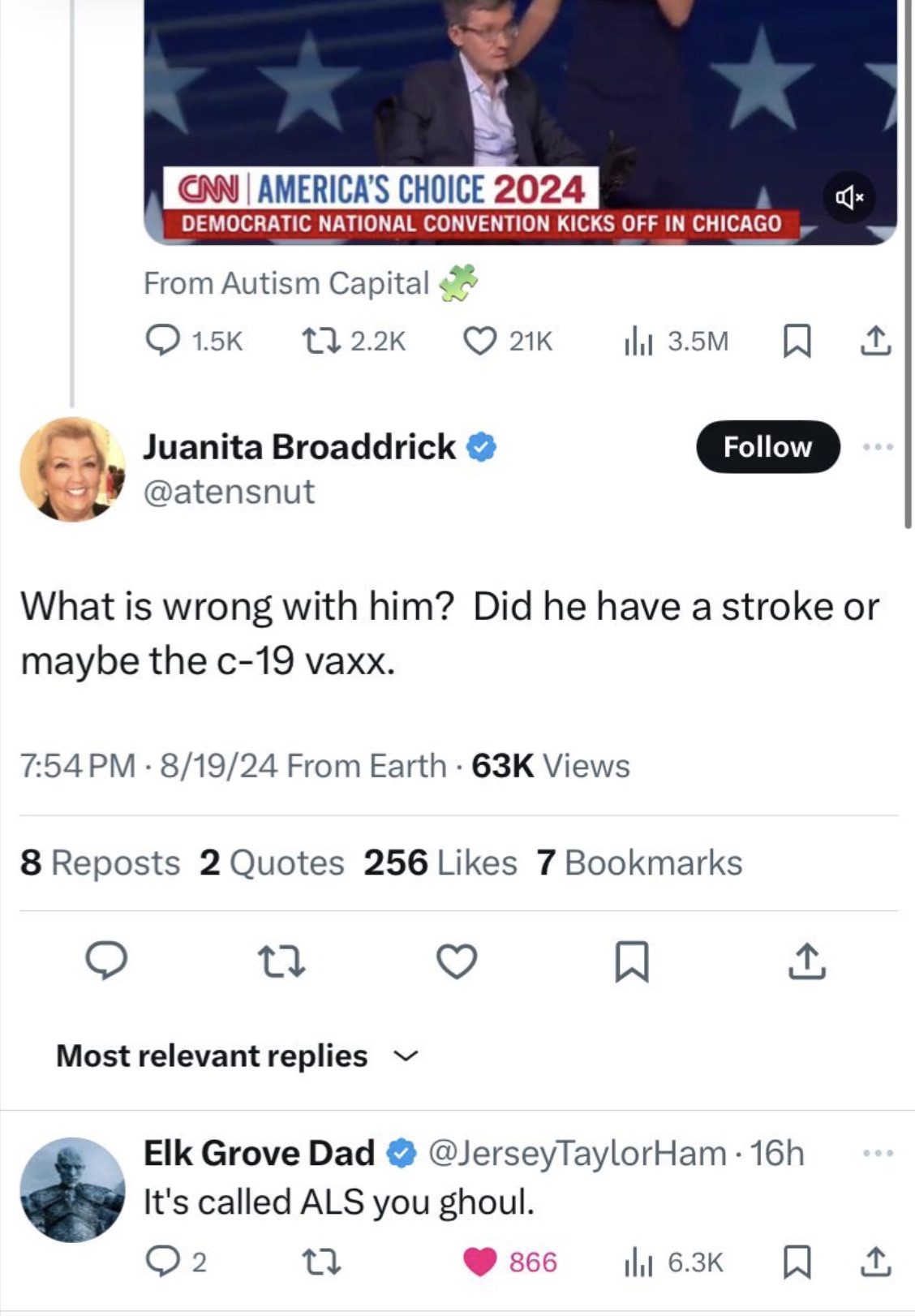 screenshot - Can America'S Choice 2024 Democratic National Convention Kicks Off In Chicago From Autism Capital Juanita Broaddrick 21K l 3.5M 1 What is wrong with him? Did he have a stroke or maybe the c19 vaxx. 81924 From Earth 63K Views 8 Reposts 2 Quote