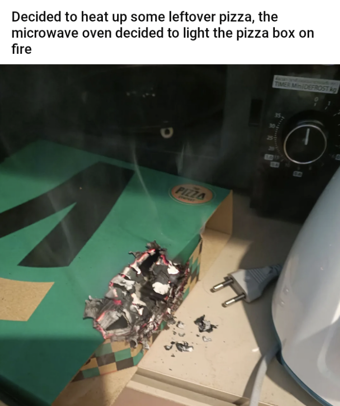 electronics - Decided to heat up some leftover pizza, the microwave oven decided to light the pizza box on fire Pizza