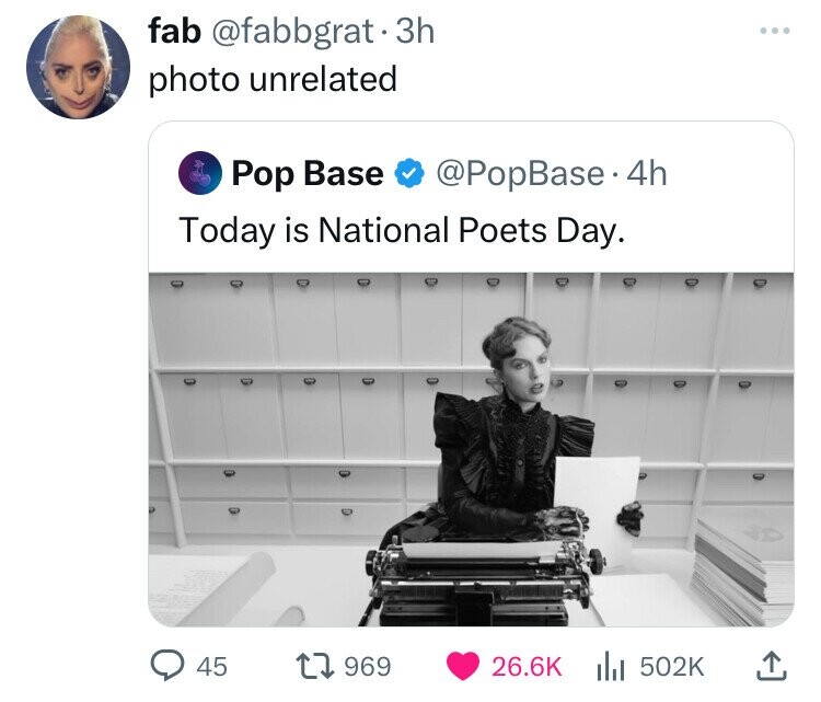 taylor swift tortured poets department typewriter - fab . 3h photo unrelated Pop Base . 4h Today is National Poets Day. 0 D D D D 45 1969