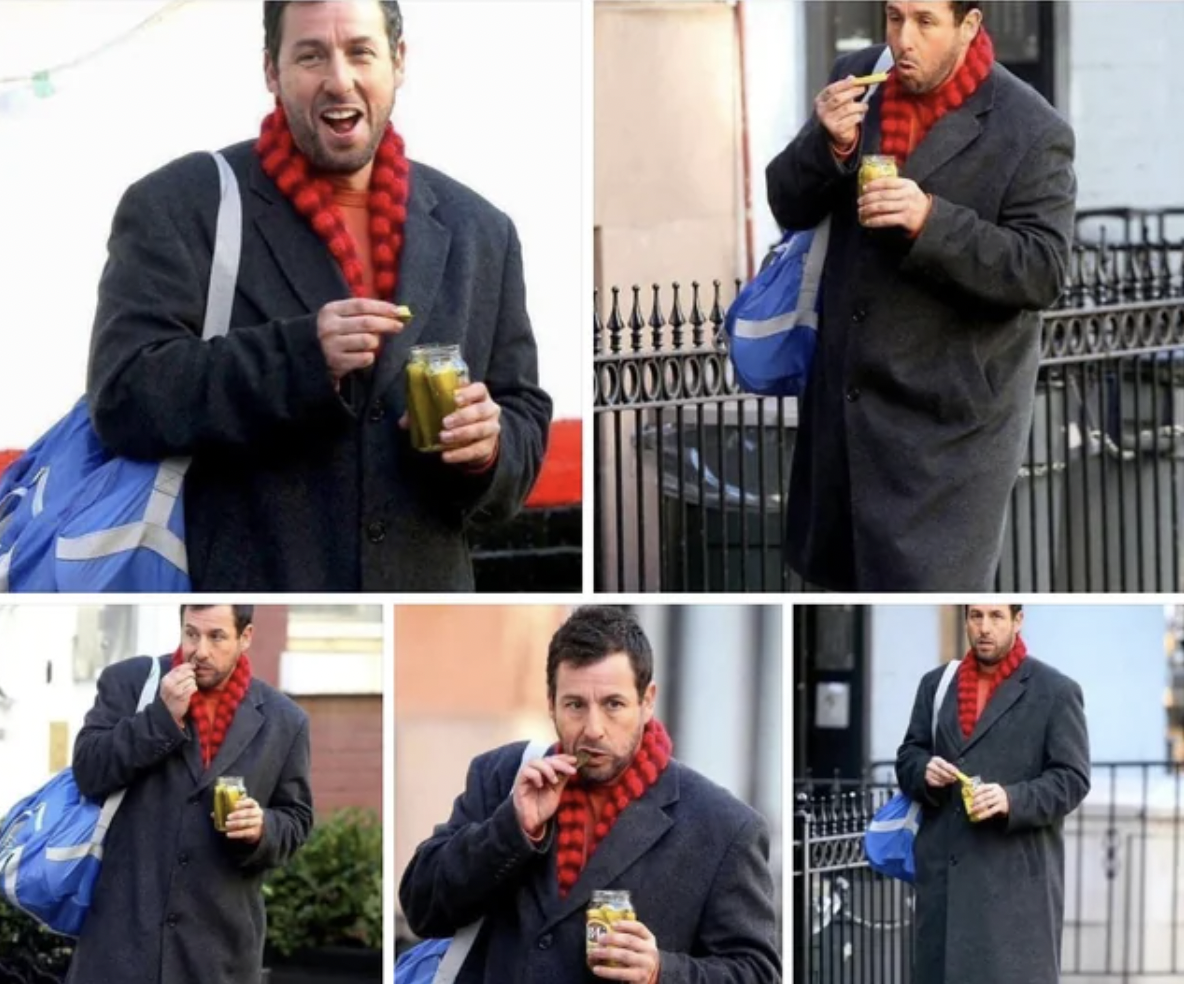 Adam Sandler’s net worth is over $440 million. He’s simply walking the streets of NY eating a jar of pickles.