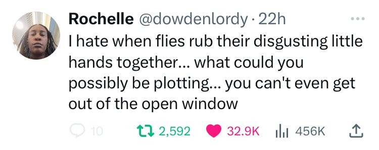 carmine - Rochelle 22h I hate when flies rub their disgusting little hands together... what could you possibly be plotting... you can't even get out of the open window 10 t 2,592