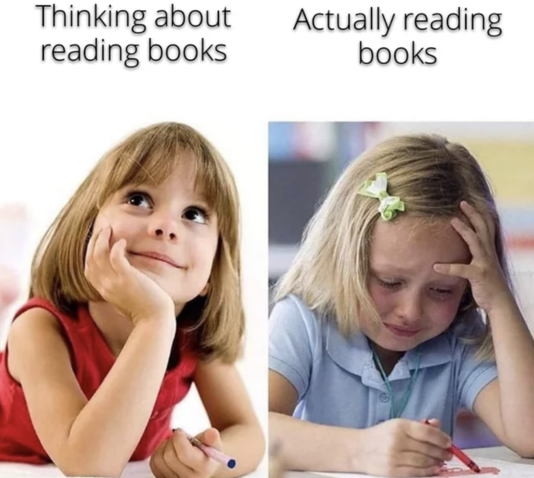 thinking about playing lol - Thinking about reading books Actually reading books