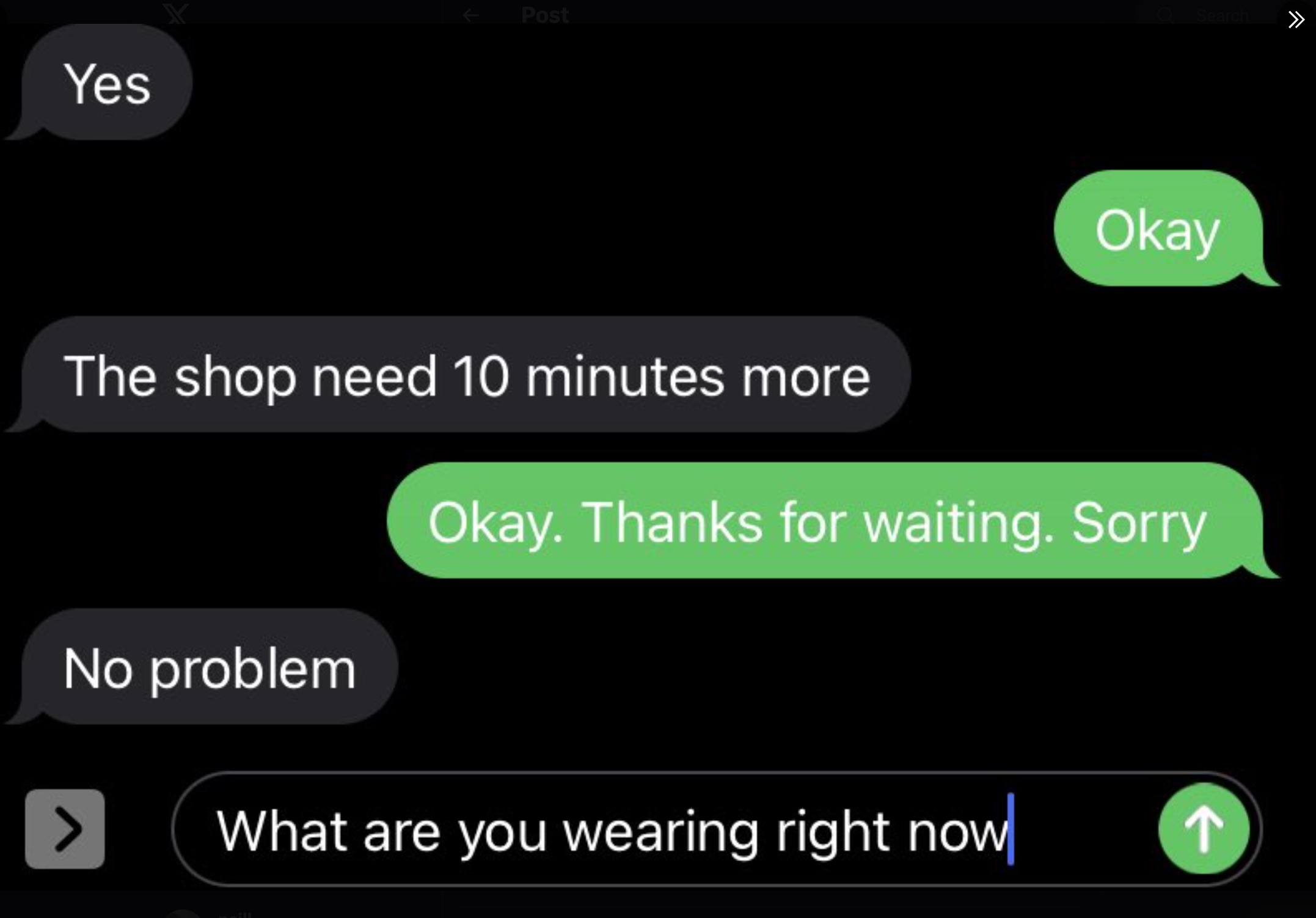 screenshot - Post Search Yes Okay A The shop need 10 minutes more Okay. Thanks for waiting. Sorry No problem > What are you wearing right now
