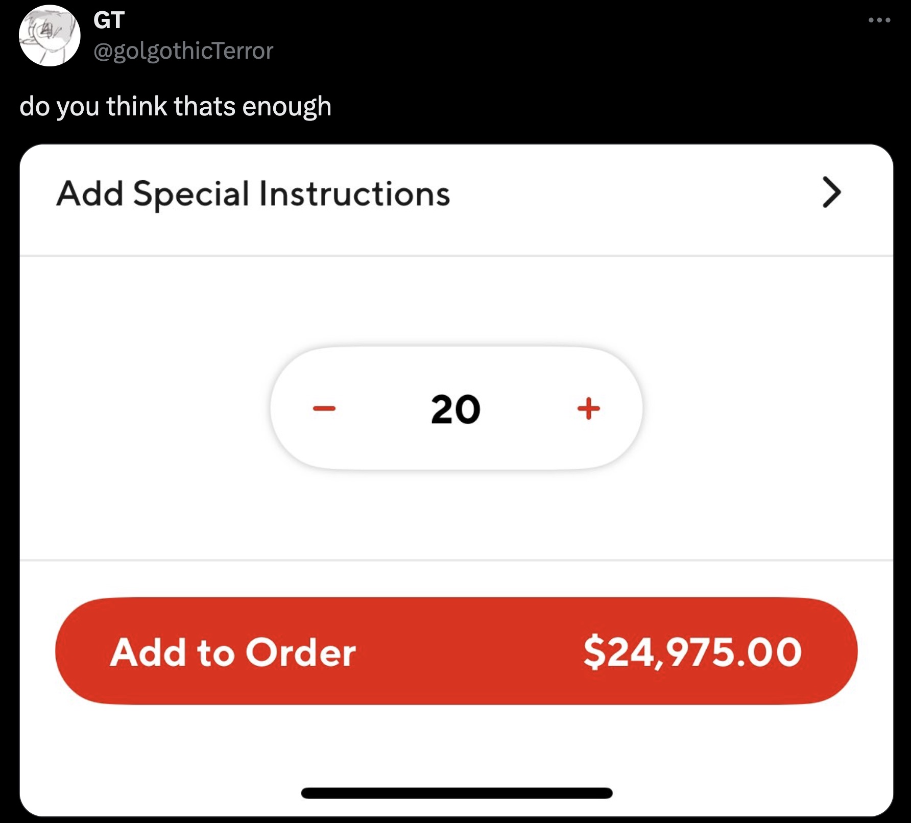 screenshot - Gt do you think thats enough Add Special Instructions 20 Add to Order $24,975.00 >