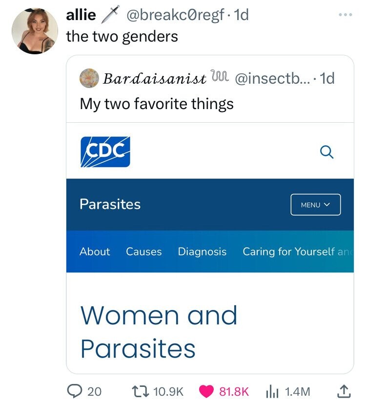 screenshot - allie . 1d the two genders Bardaisanist .... 1d My two favorite things Cdc a Parasites Menu About Causes Diagnosis Caring for Yourself and Women and Parasites 20 | 1.4M