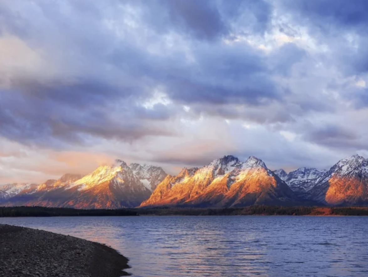 Sunrise over Jackson Lake, Grand Tetons.