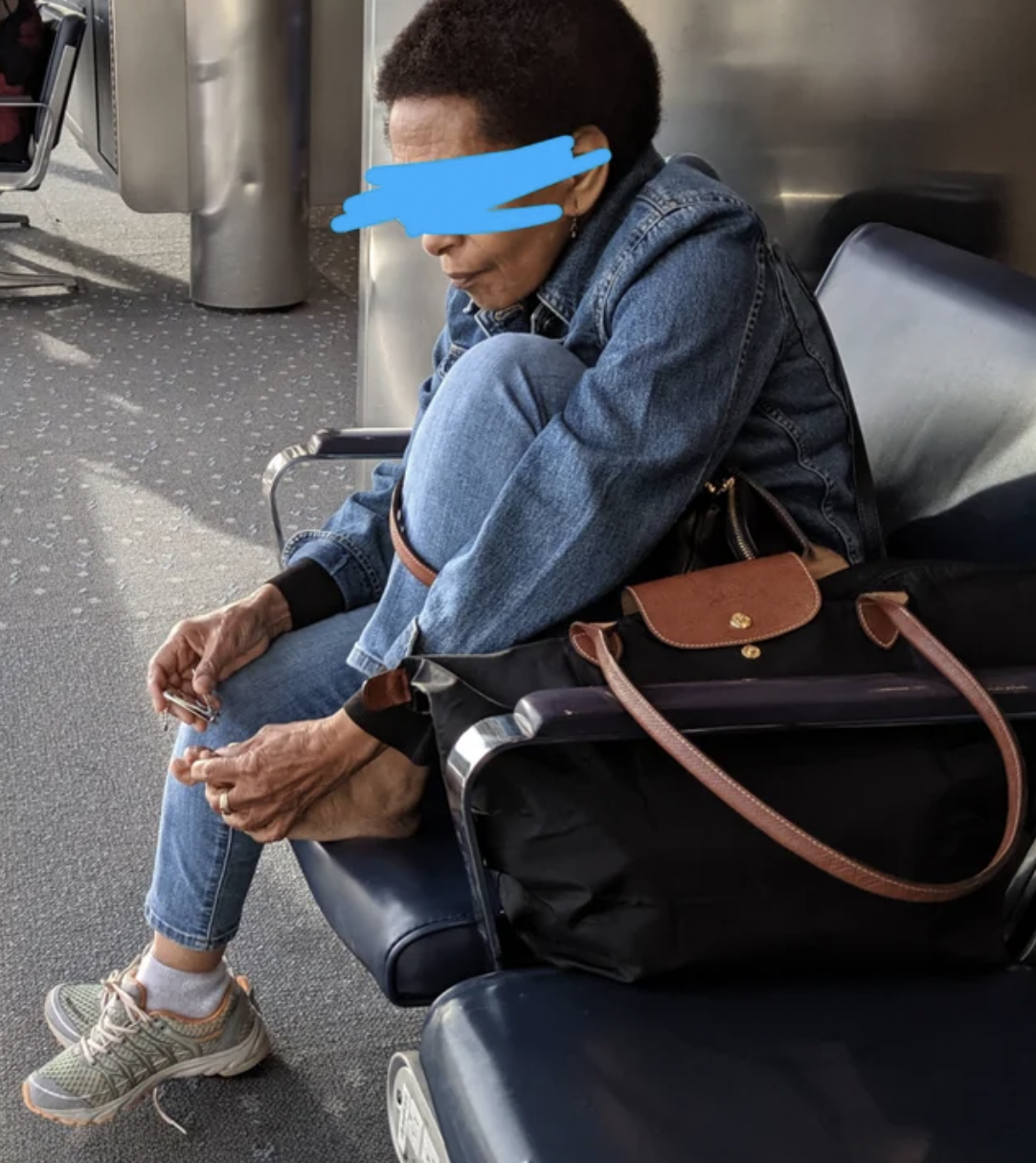 “Clipping toenails at the airport gate. Left pile of toenail clippings in ground.”