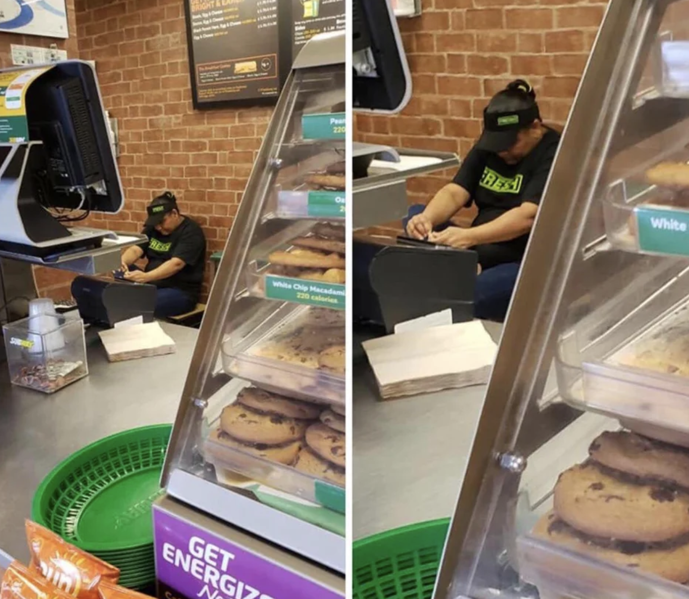 “Subway employee picking her feet behind the counter. How fresh.”