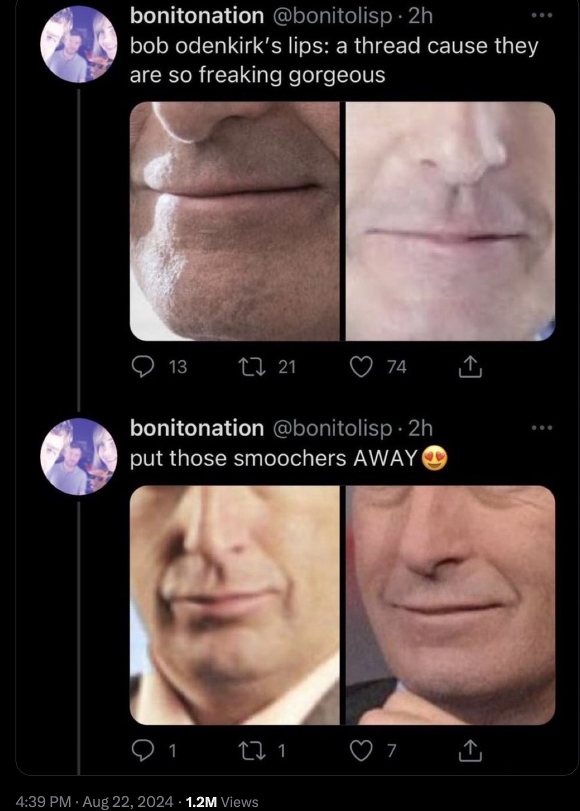 screenshot - bonitonation . 2h bob odenkirk's lips a thread cause they are so freaking gorgeous 13 2721 74 bonitonation 2h put those smoochers Away 27 1 7 1.2M Views 000