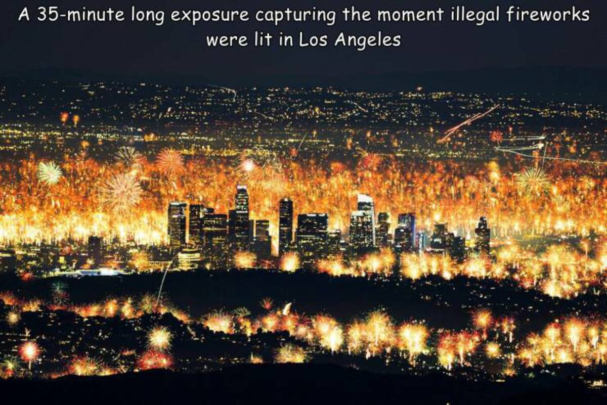 cool pics and fascinating photos - los angeles fireworks - A 35minute long exposure capturing the moment illegal fireworks were lit in Los Angeles