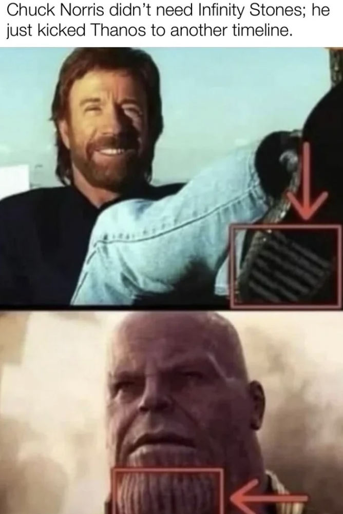 chuck norris mém - Chuck Norris didn't need Infinity Stones; he just kicked Thanos to another timeline.