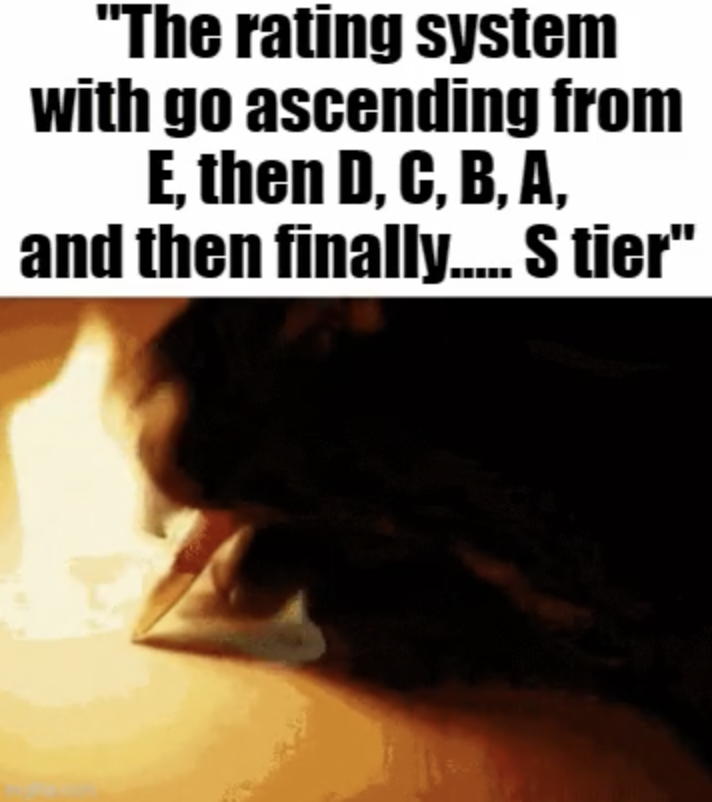 photo caption - "The rating system with go ascending from E, then D, C, B, A, and then finally..... S tier"