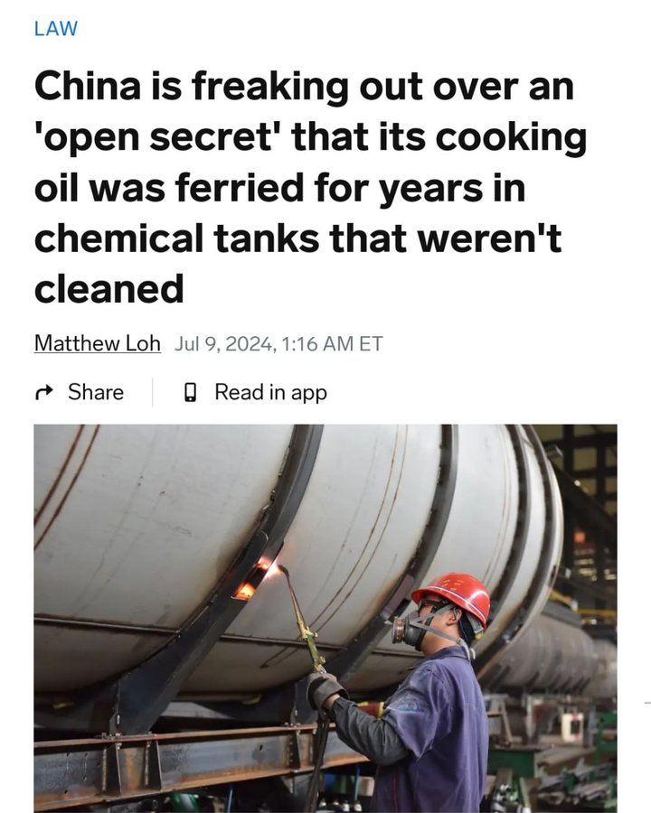 china panics over open secret of cooking oil sent in chemical tanks - Law China is freaking out over an 'open secret' that its cooking oil was ferried for years in chemical tanks that weren't cleaned Matthew Loh , Et Read in app