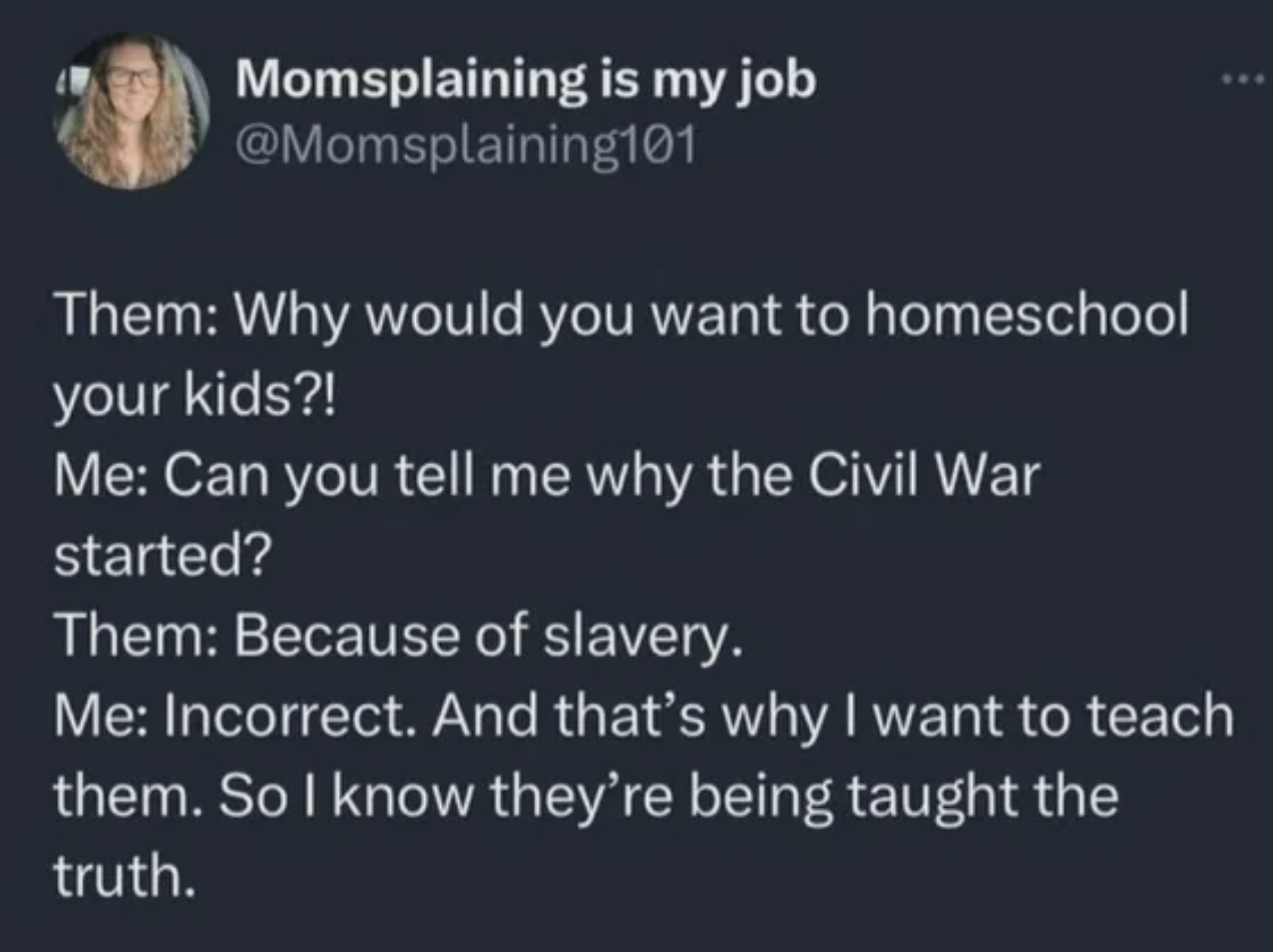 screenshot - Momsplaining is my job Them Why would you want to homeschool your kids?! Me Can you tell me why the Civil War started? Them Because of slavery. Me Incorrect. And that's why I want to teach them. So I know they're being taught the truth.