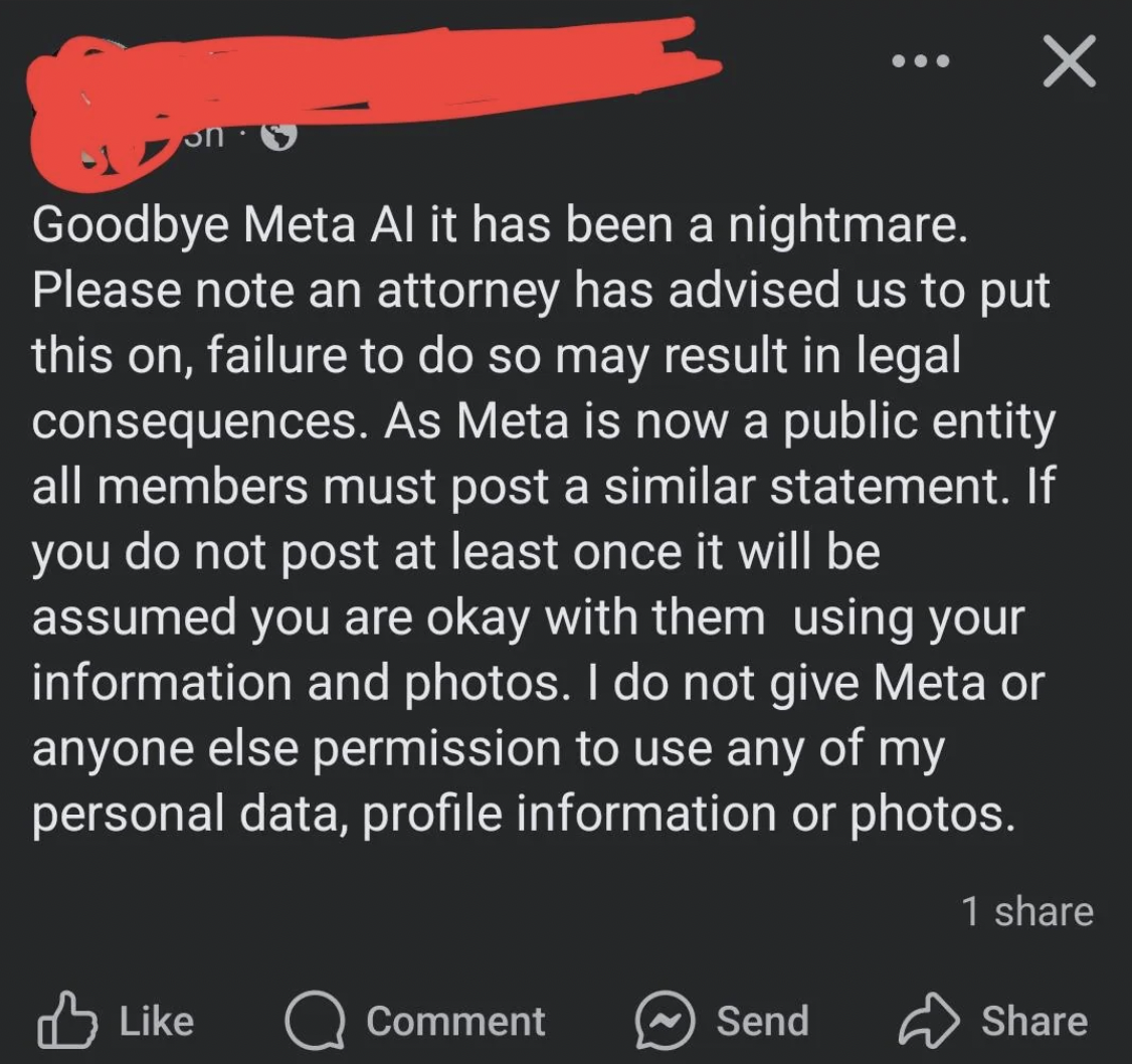 graphics - Goodbye Meta Al it has been a nightmare. Please note an attorney has advised us to put this on, failure to do so may result in legal consequences. As Meta is now a public entity all members must post a similar statement. If do not post at least