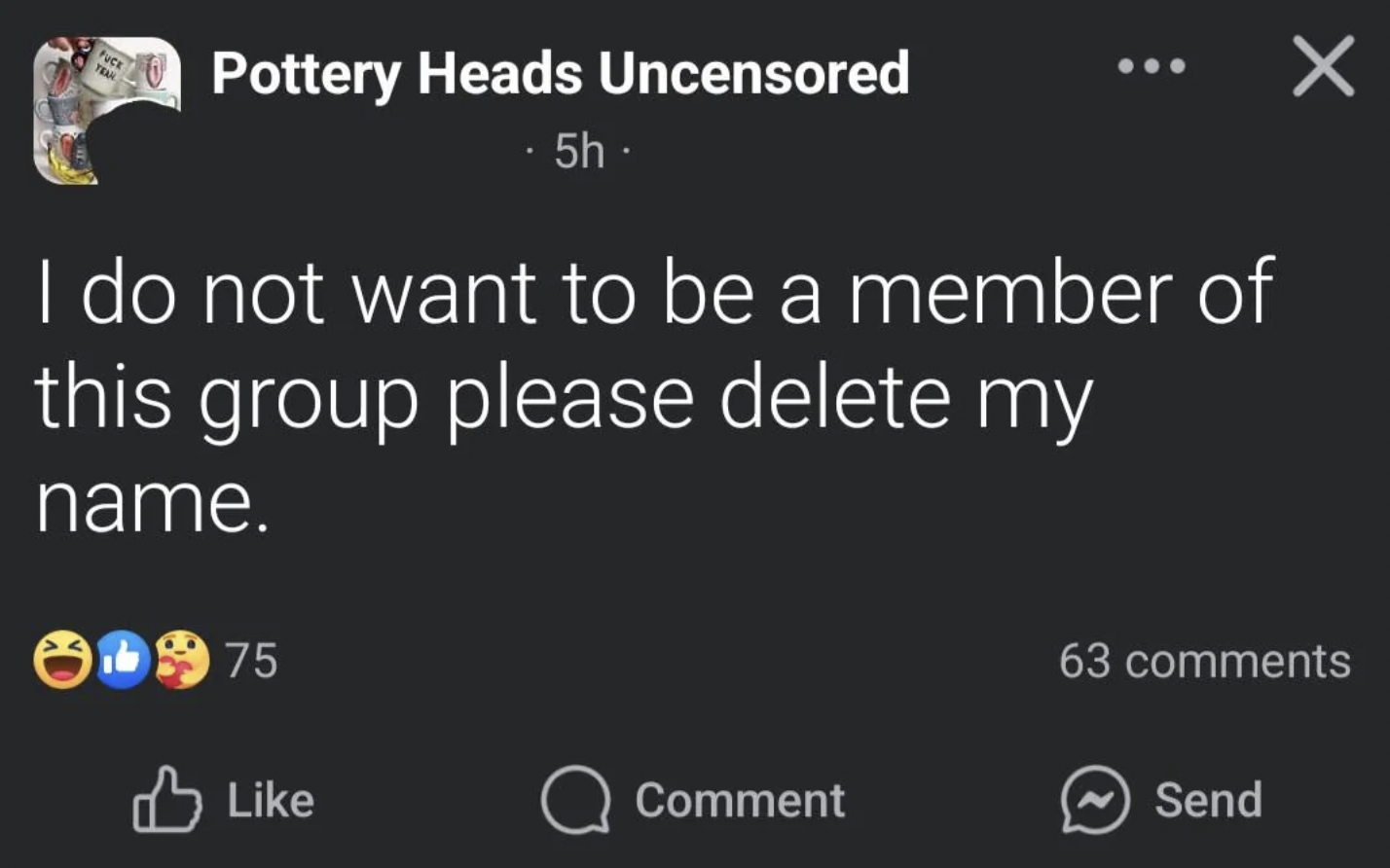 screenshot - Pack Pottery Heads Uncensored 5h. I do not want to be a member of this group please delete my name. 1975 63 Comment Send