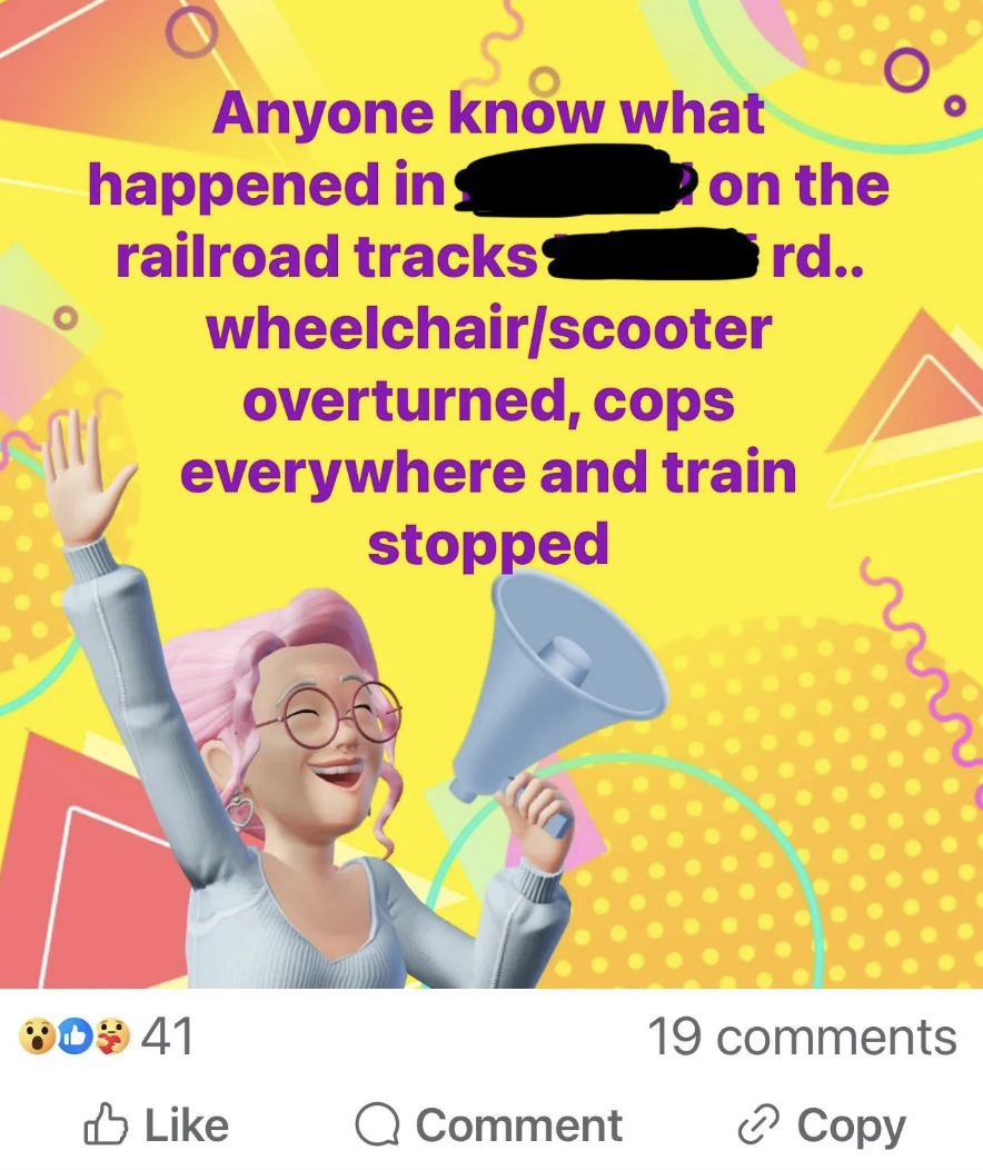 cartoon - Anyone know what happened in railroad tracks 809 41 on the rd.. wheelchairscooter overturned, cops everywhere and train stopped QComment 19 Copy