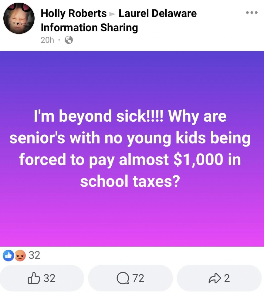 screenshot - Holly Roberts Laurel Delaware Information Sharing 20h I'm beyond sick!!!! Why are senior's with no young kids being forced to pay almost $1,000 in school taxes? 32 32 Q72 2