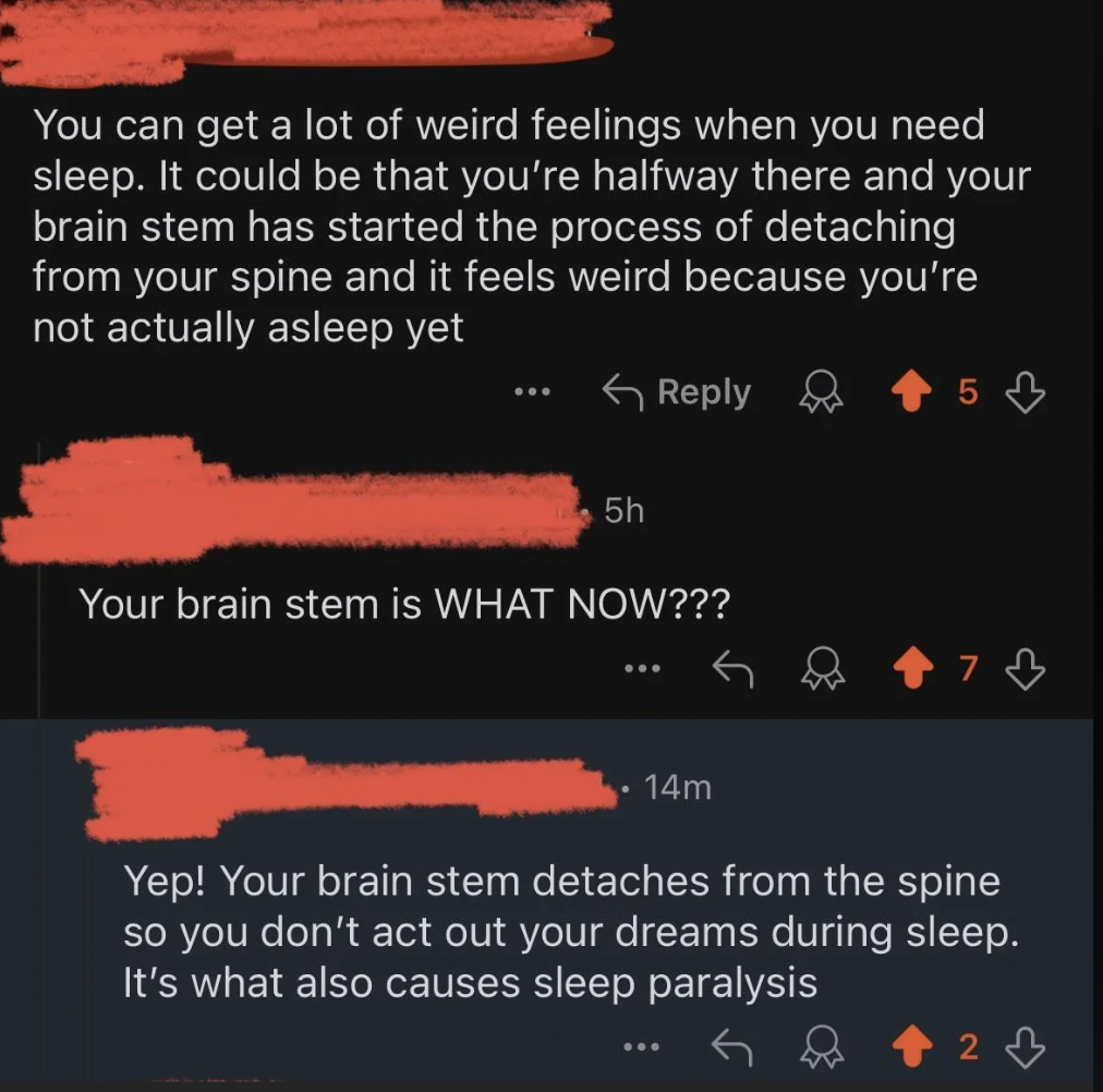 screenshot - You can get a lot of weird feelings when you need sleep. It could be that you're halfway there and your brain stem has started the process of detaching from your spine and it feels weird because you're not actually asleep yet 5h 5 Your brain 