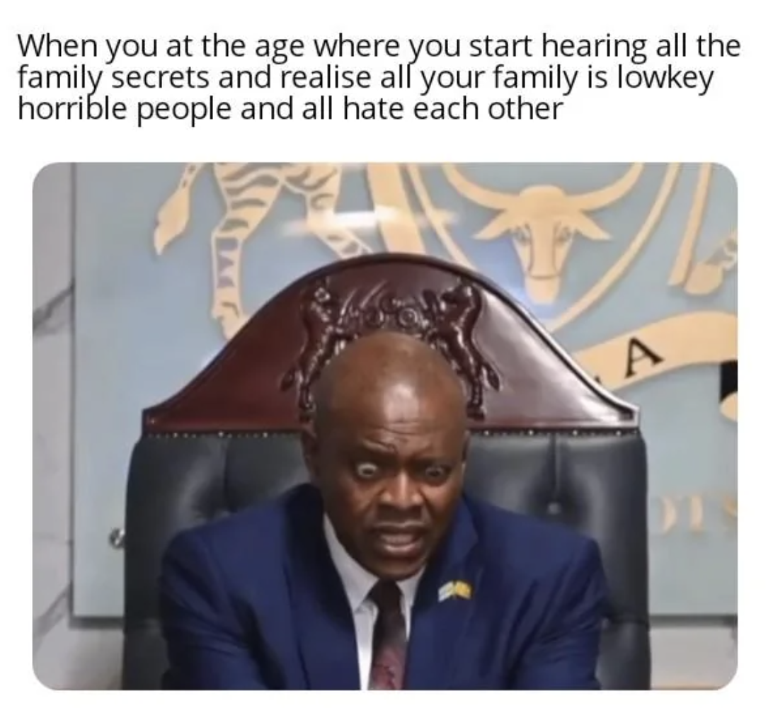 President of Botswana - When you at the age where you start hearing all the family secrets and realise all your family is lowkey horrible people and all hate each other A