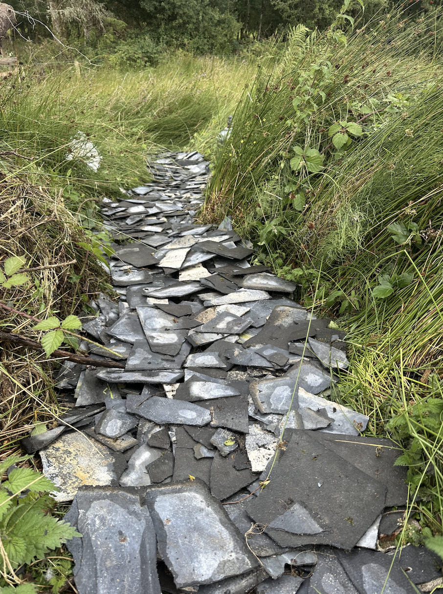 “My mom using broken asbestos roof tiles to create a base for a path.”