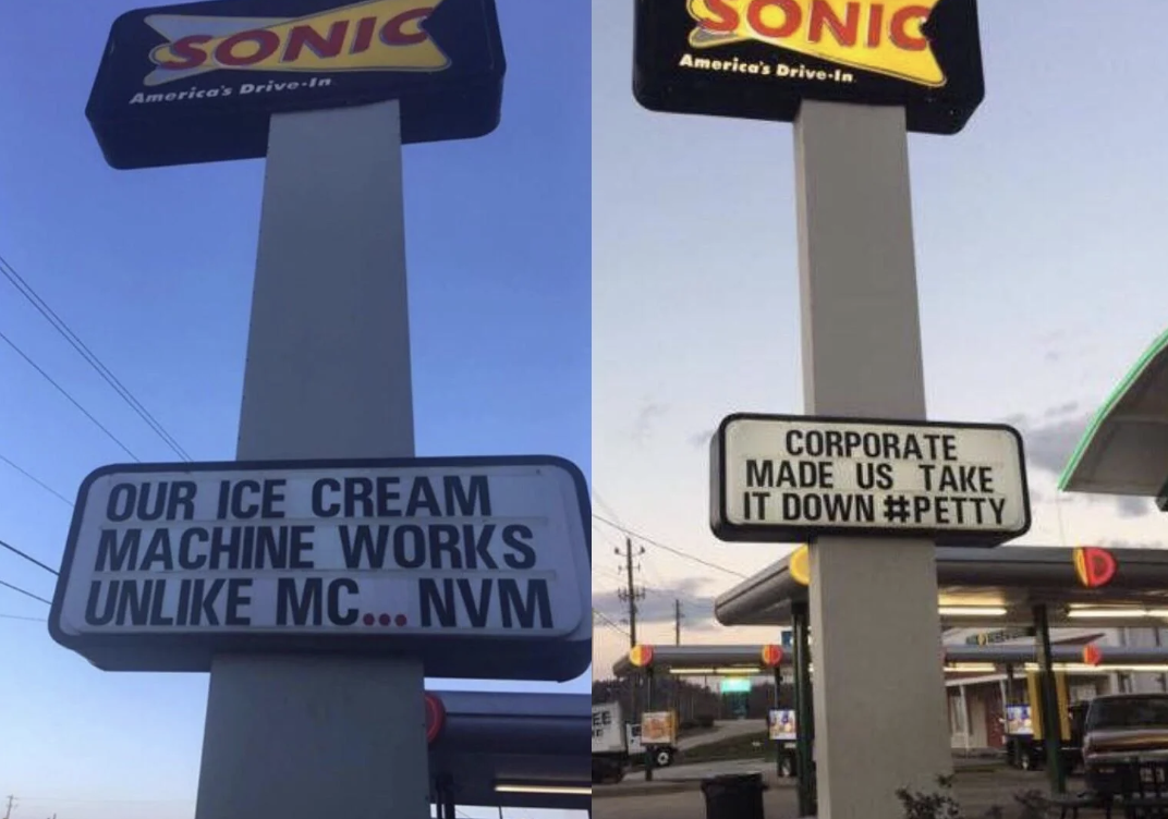 our ice cream machine works unlike mc nvm - Sonic America's DriveIn America's DriveIn Our Ice Cream Machine Works Un Mc... Nvm Corporate Made Us Take It Down