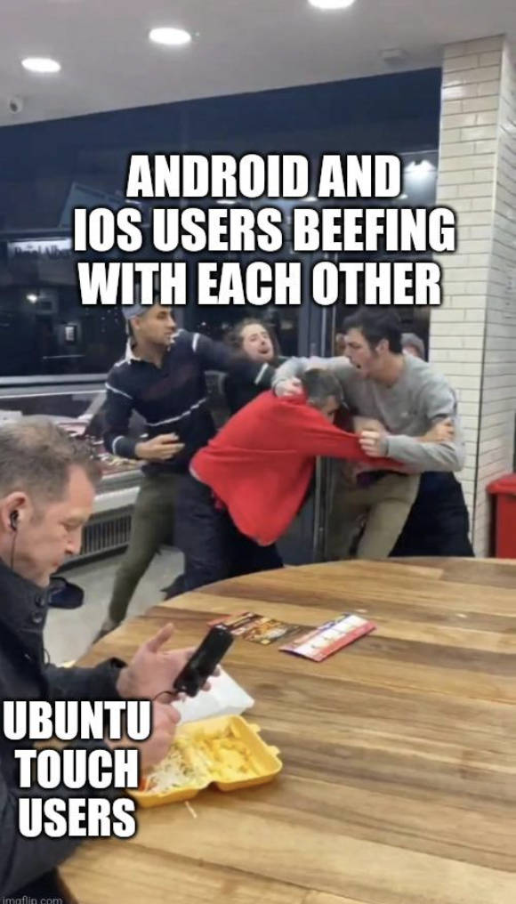 fighting in the background meme - Android And Ios Users Beefing With Each Other Ubuntu Touch Users