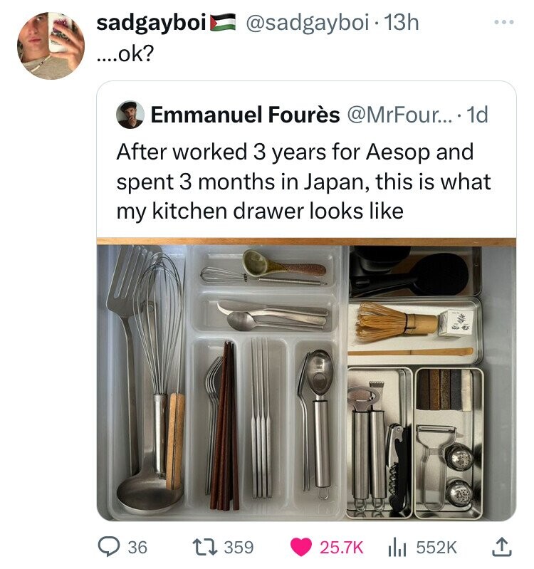 cutting tool - sadgayboi 13h ....ok? Emmanuel Fours .... 1d After worked 3 years for Aesop and spent 3 months in Japan, this is what my kitchen drawer looks 36 1 359