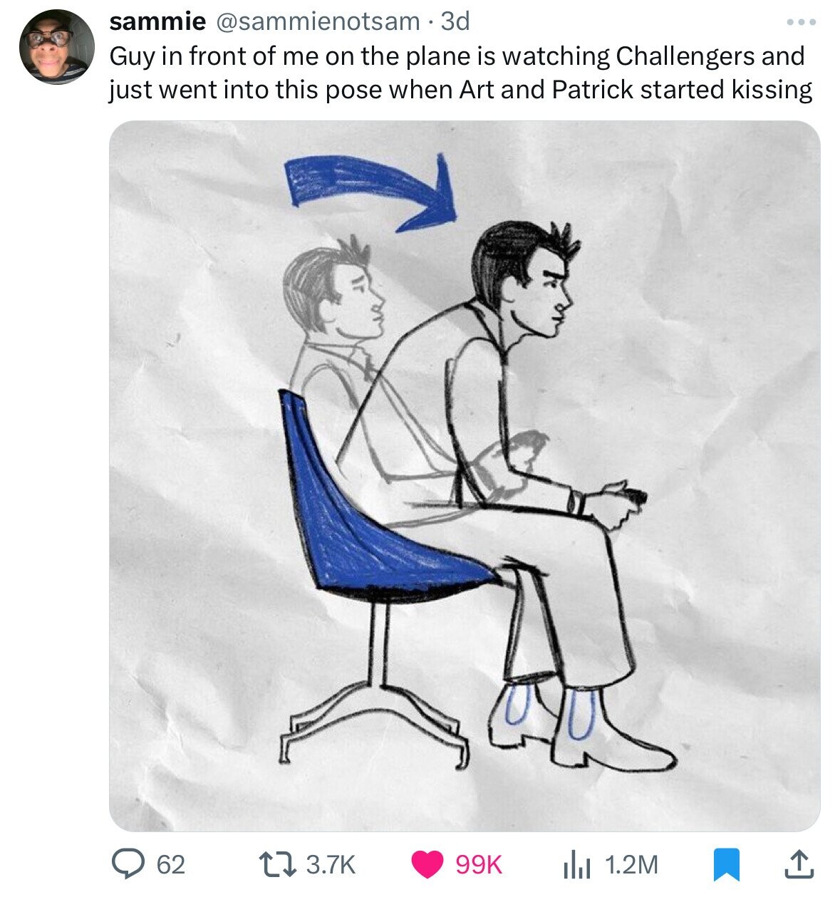 leaning forward in chair meme - sammie 3d Guy in front of me on the plane is watching Challengers and just went into this pose when Art and Patrick started kissing 62 99K ili 1.2M