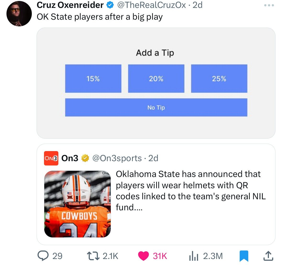 Soccer - Cruz Oxenreider 2d Ok State players after a big play Add a Tip 15% 20% 25% No Tip On 3 On3 2d One Oklahoma State has announced that players will wear helmets with Qr codes linked to the team's general Nil fund.... Cowboys 29 31K Ilil 2.3M