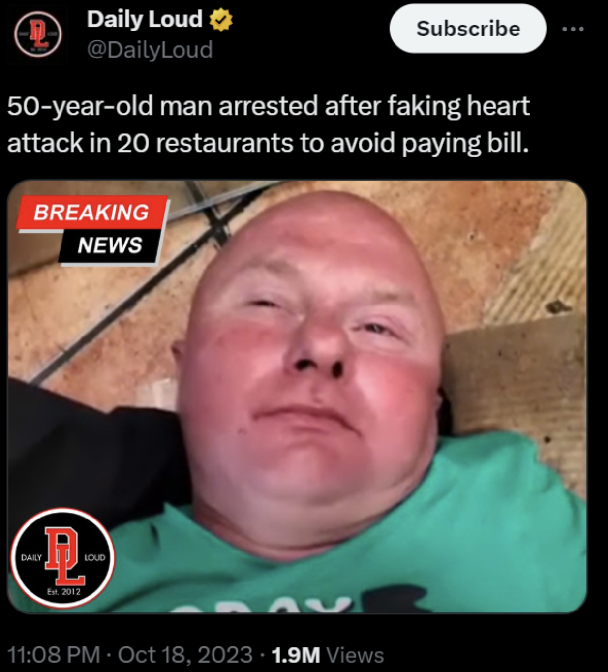 man fakes heart attack to avoid paying bills - Daily Loud Subscribe 50yearold man arrested after faking heart attack in 20 restaurants to avoid paying bill. Breaking News 2012 Loud 1.9M Views