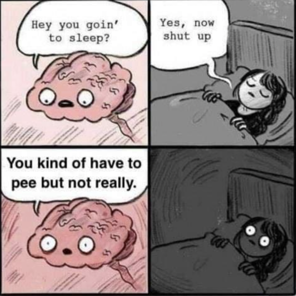 my brain at 2am meme - Hey you goin' to sleep? You kind of have to pee but not really. Yes, now shut up