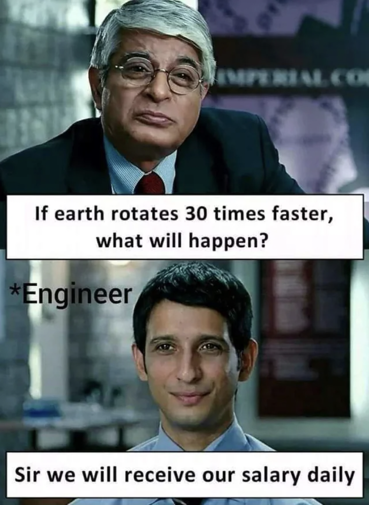 salary funny - Imperial Co If earth rotates 30 times faster, what will happen? Engineer Sir we will receive our salary daily