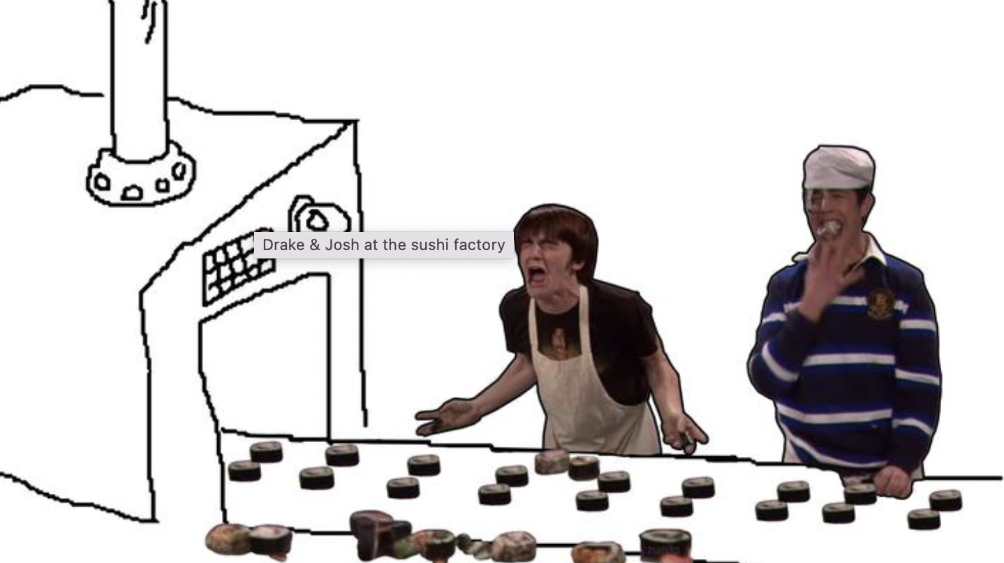 cartoon - Drake & Josh at the sushi factory