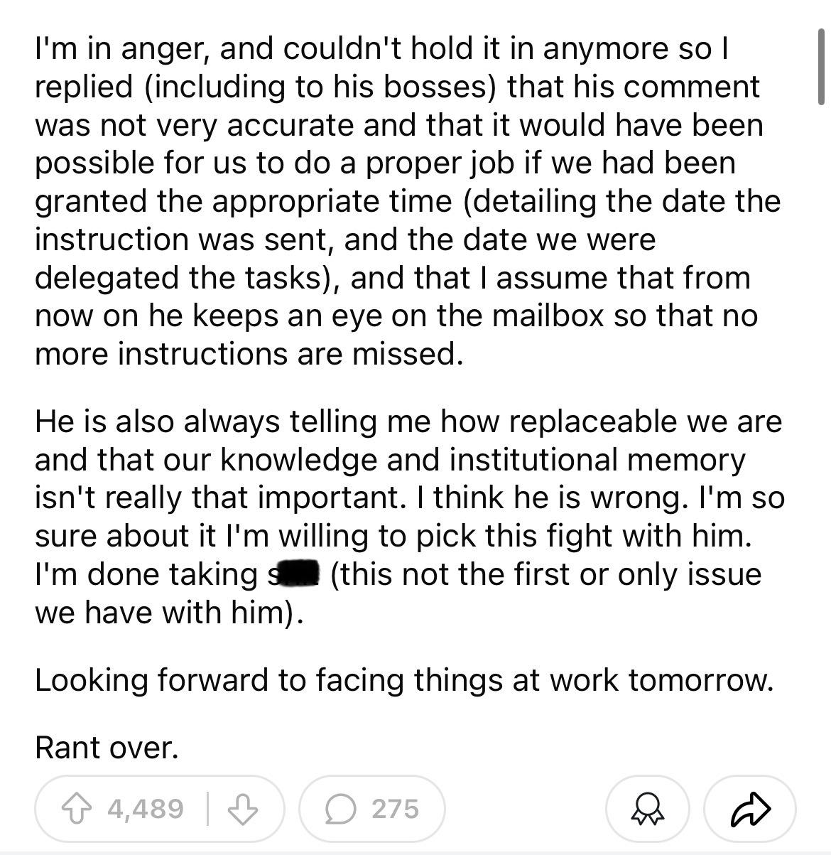 number - I'm in anger, and couldn't hold it in anymore so I replied including to his bosses that his comment I was not very accurate and that it would have been possible for us to do a proper job if we had been granted the appropriate time detailing the d