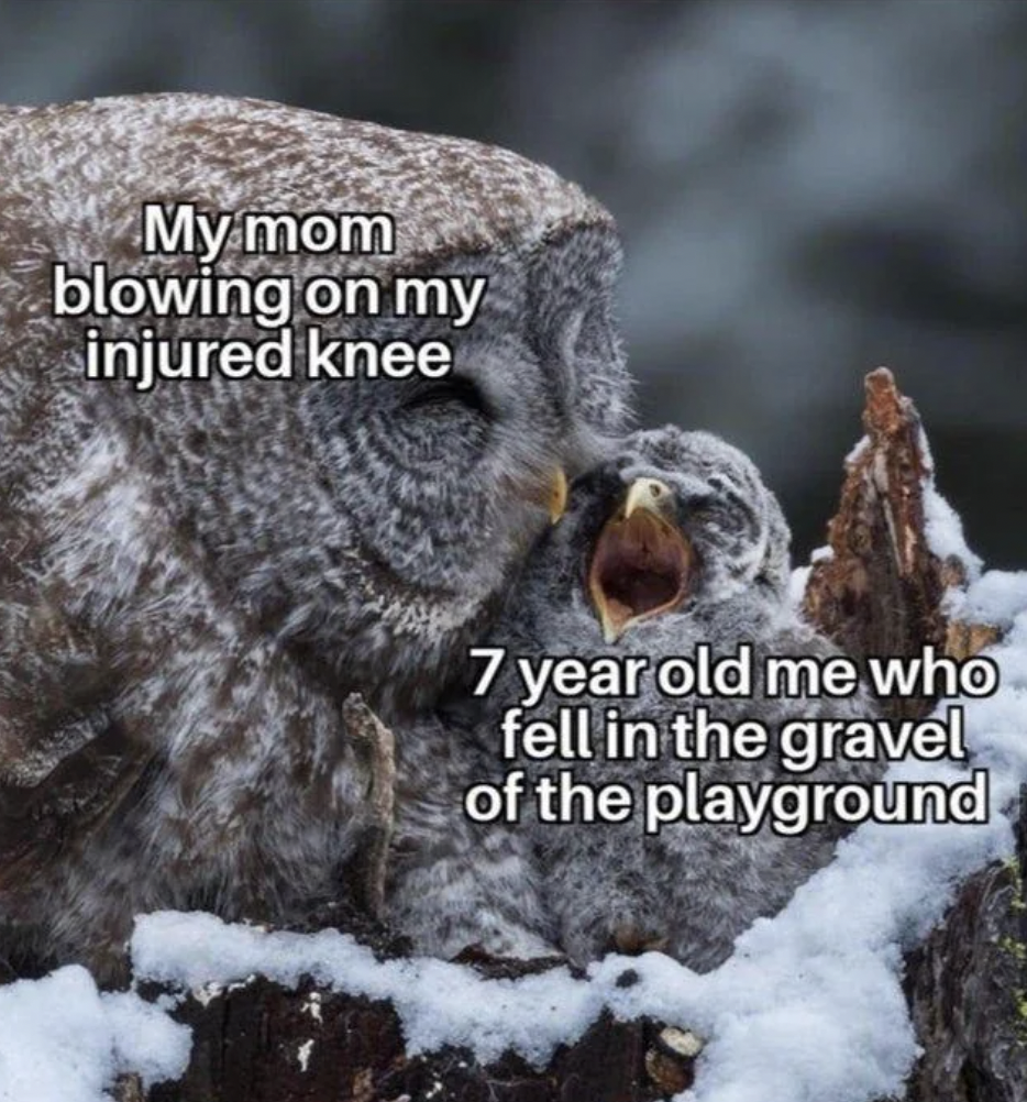 My mom blowing on my injured knee 7 year old me who fell in the gravel of the playground