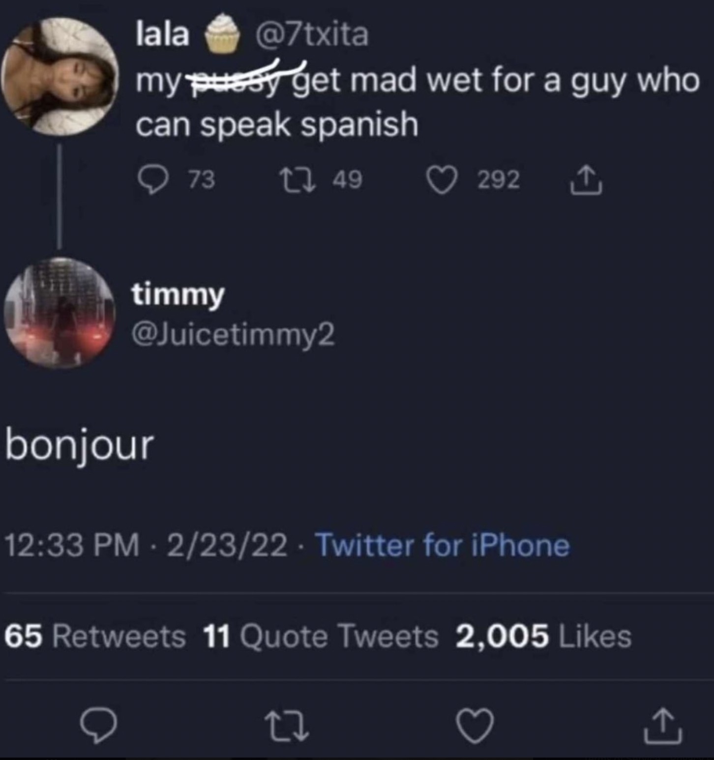 Meme - lala my pussy get mad wet for a guy who can speak spanish 73 timmy 1749 292 bonjour 22322 Twitter for iPhone 65 11 Quote Tweets 2,005 27