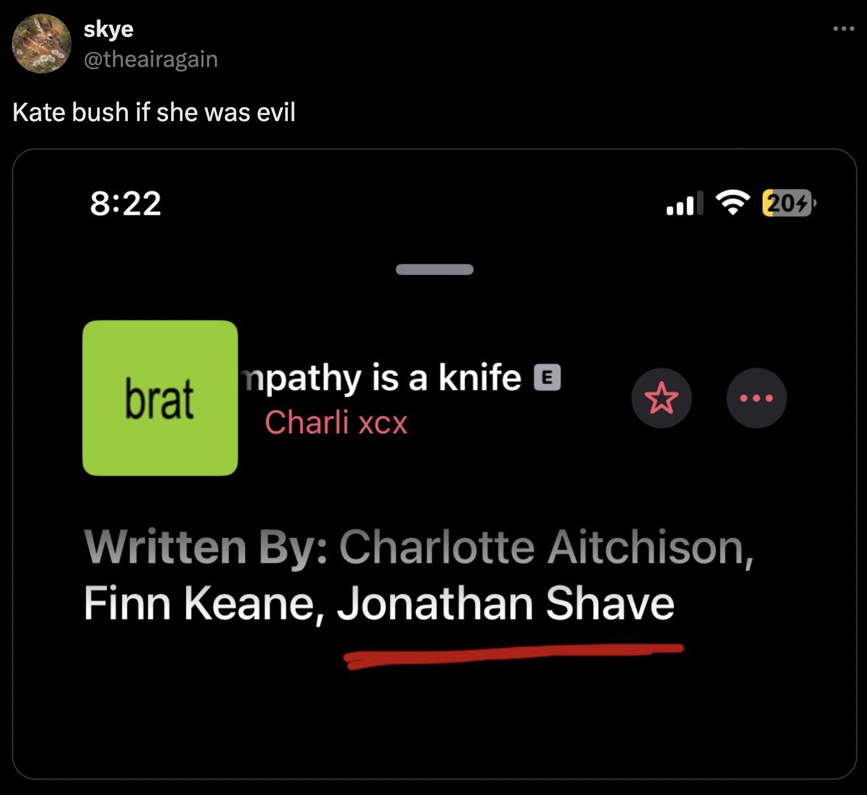 screenshot - skye Kate bush if she was evil brat mpathy is a knife Charli xcx Written By Charlotte Aitchison, Finn Keane, Jonathan Shave 204