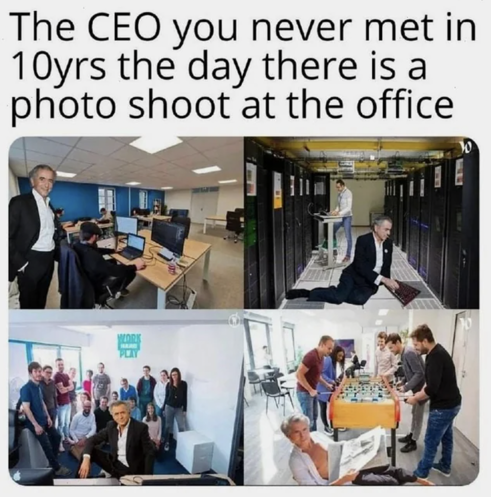 photo caption - The Ceo you never met in 10yrs the day there is a photo shoot at the office Work Play