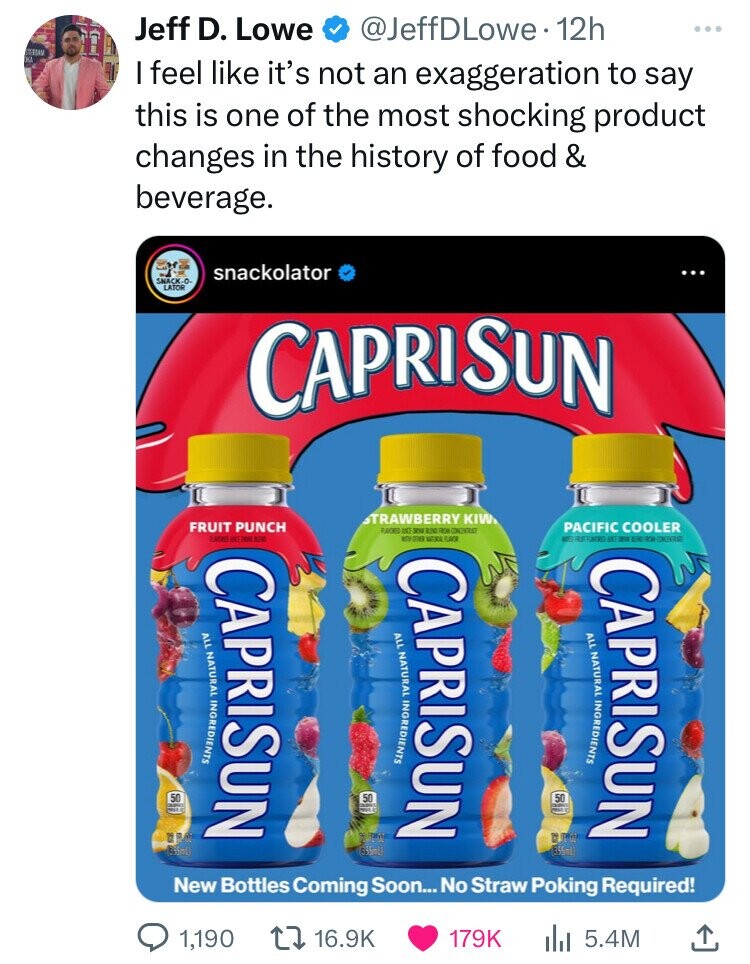 Capri-Sun - Jeff D. Lowe . 12h I feel it's not an exaggeration to say this is one of the most shocking product changes in the history of food & beverage. Snackco snackolator Caprisun Strawberry Kiw Fruit Punch Racked Erred From Concentrate Herrallacr Paci