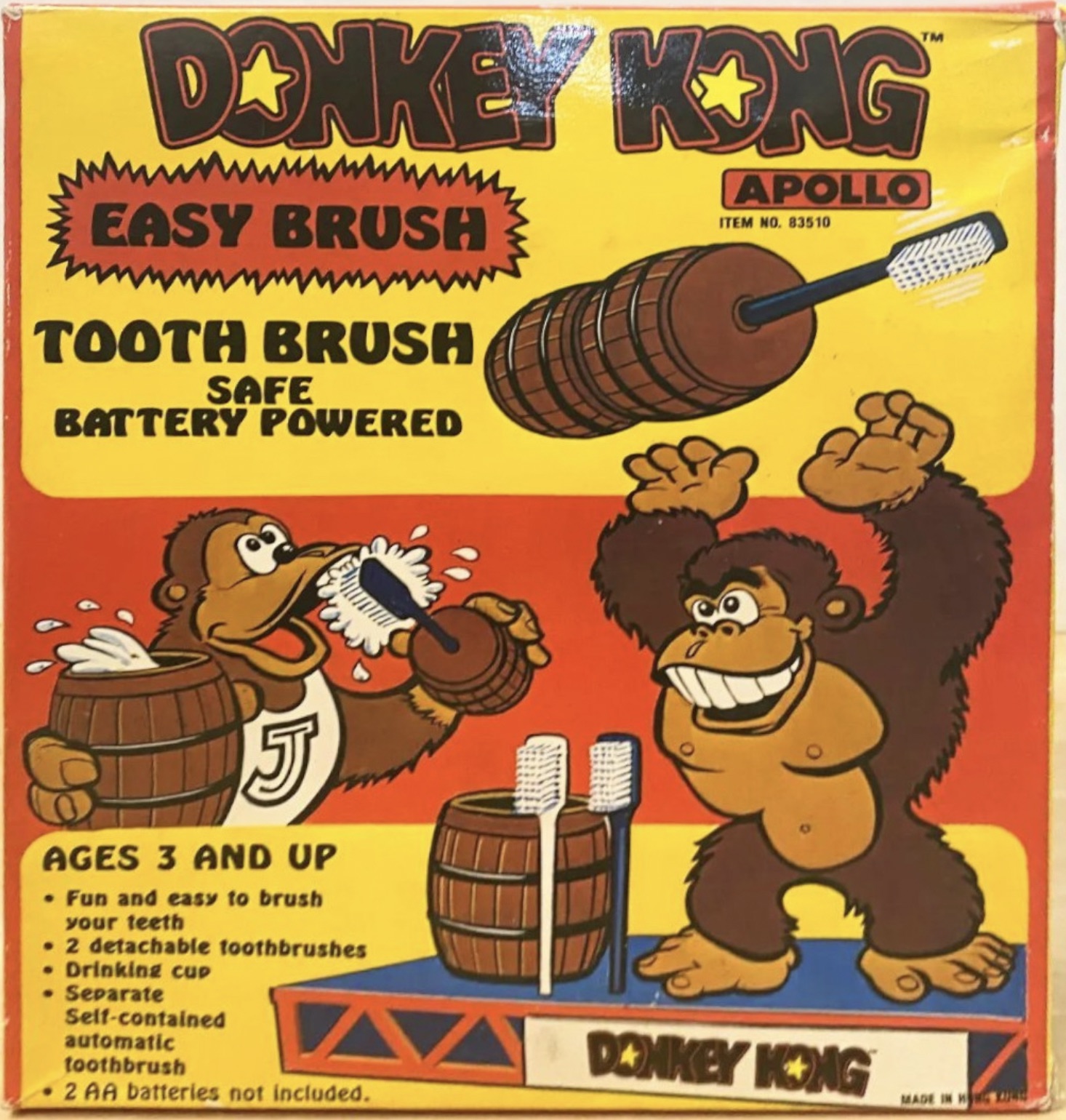 cartoon - Donkey Kong Apollo Easy Brush Item No. 3510 wwwwwwww Tooth Brush Safe Battery Powered Ages 3 And Up Fun and easy to brush your teeth 2 detachable toothbrushes Drinking cuP Separate Selfcontained automatic toothbrush 2 Aa batteries not included. 