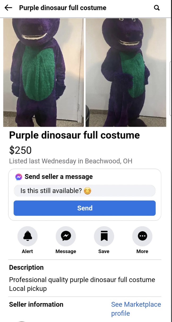 Chair - Purple dinosaur full costume a Purple dinosaur full costume $250 Listed last Wednesday in Beachwood, Oh Send seller a message Is this still available? Send Alert Message Save More Description Professional quality purple dinosaur full costume Local