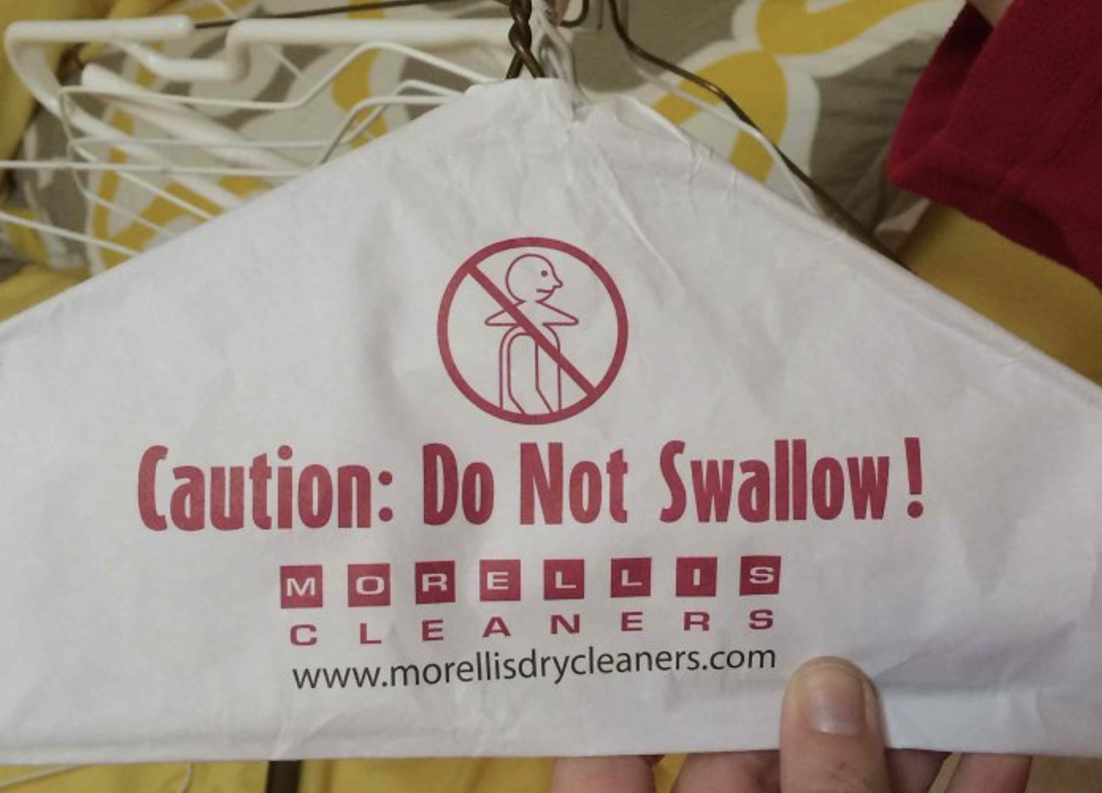 coat hanger joke - Caution Do Not Swallow! M O R Ellis Cleaners