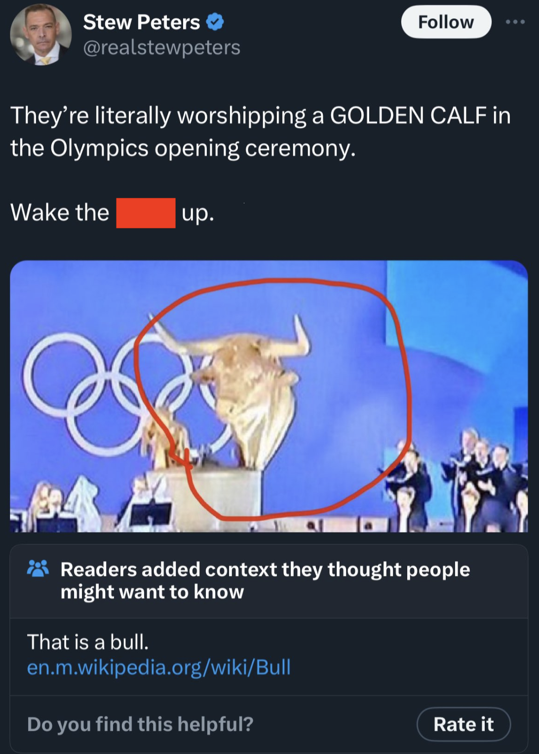 bull olympics 2024 - Stew Peters They're literally worshipping a Golden Calf in the Olympics opening ceremony. Wake the up. Readers added context they thought people might want to know That is a bull. en.m.wikipedia.orgwikiBull Do you find this helpful? R