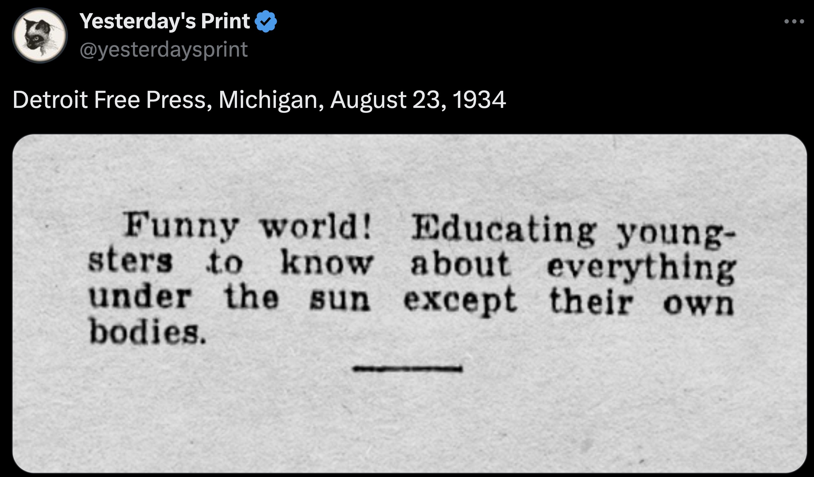 screenshot - Yesterday's Print Detroit Free Press, Michigan, Funny world! Educating young sters to know about everything under the sun except their own bodies.