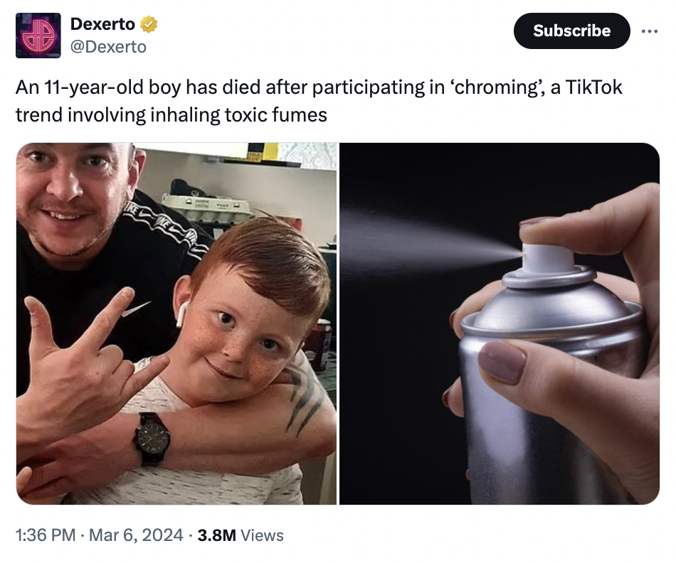 Chroming is the practice of inhaling toxic substances in an attempt to get high. These include nail polish remover, hairspray, aerosol, deodorant, gasoline and more. Recently, an 11-year-old boy died after trying chroming at a sleepover. He is not the first child or teen to die from the practice.