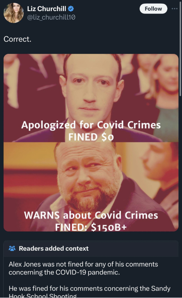 Crime - Liz Churchill Correct. Apologized for Covid Crimes Fined So Warns about Covid Crimes Fined $150B Readers added context Alex Jones was not fined for any of his concerning the Covid19 pandemic. He was fined for his concerning the Sandy Hook School S