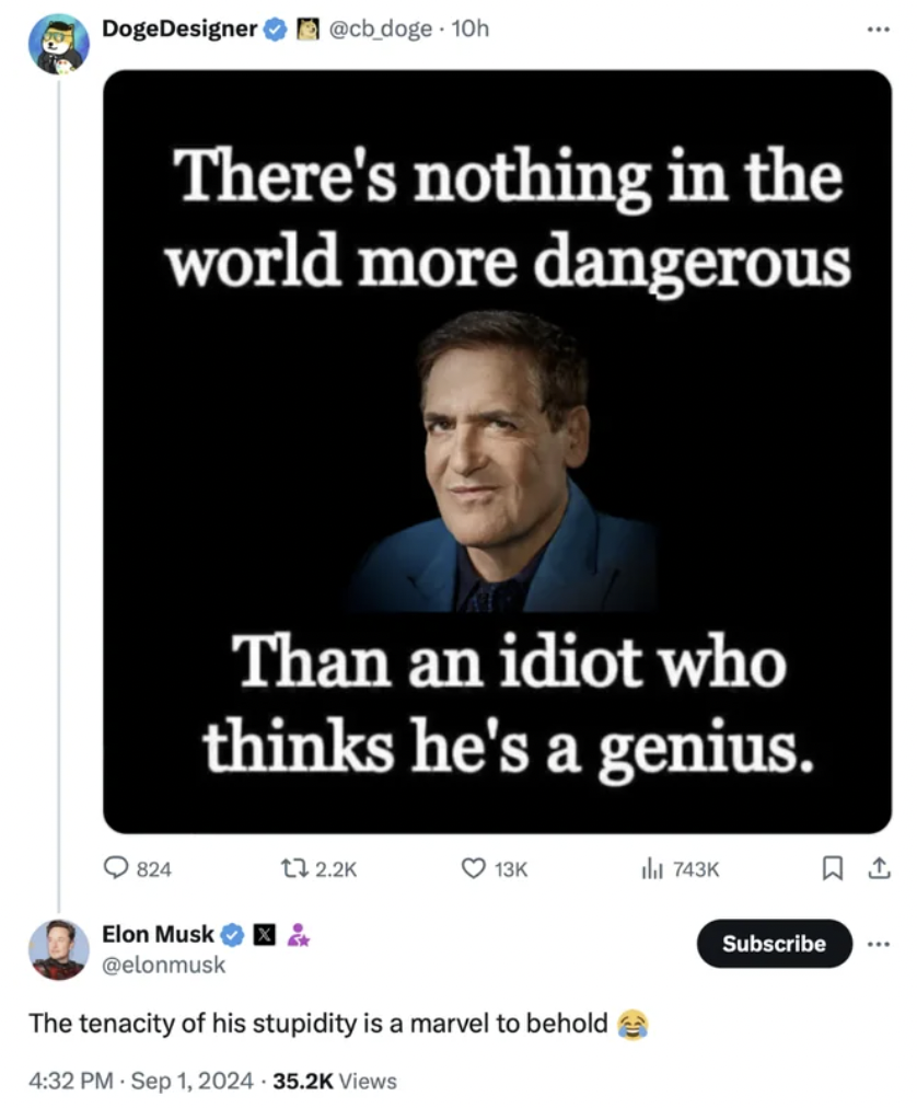 screenshot - DogeDesigner 10h There's nothing in the world more dangerous Than an idiot who thinks he's a genius. 824 13K Elon Musk Subscribe The tenacity of his stupidity is a marvel to behold Views