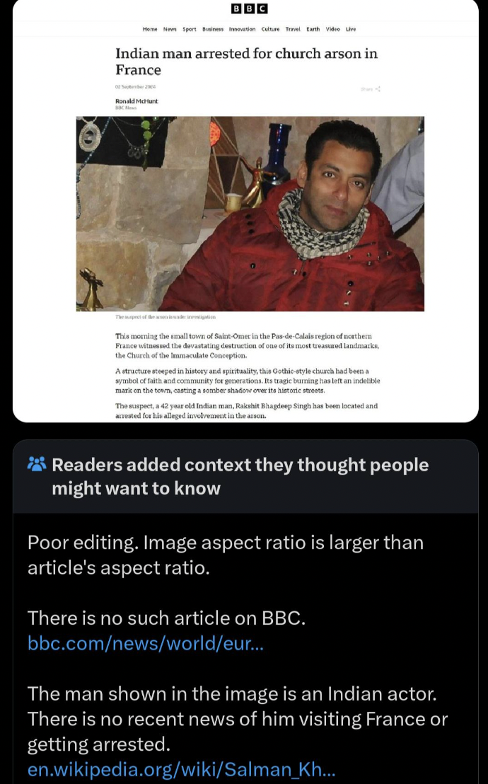 photo caption - Indian man arrested for church arson in France Readers added context they thought people might want to know Poor editing. Image aspect ratio is larger than article's aspect ratio. There is no such article on Bbc. bbc.comnewsworldeur... The